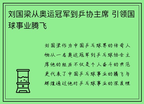 刘国梁从奥运冠军到乒协主席 引领国球事业腾飞